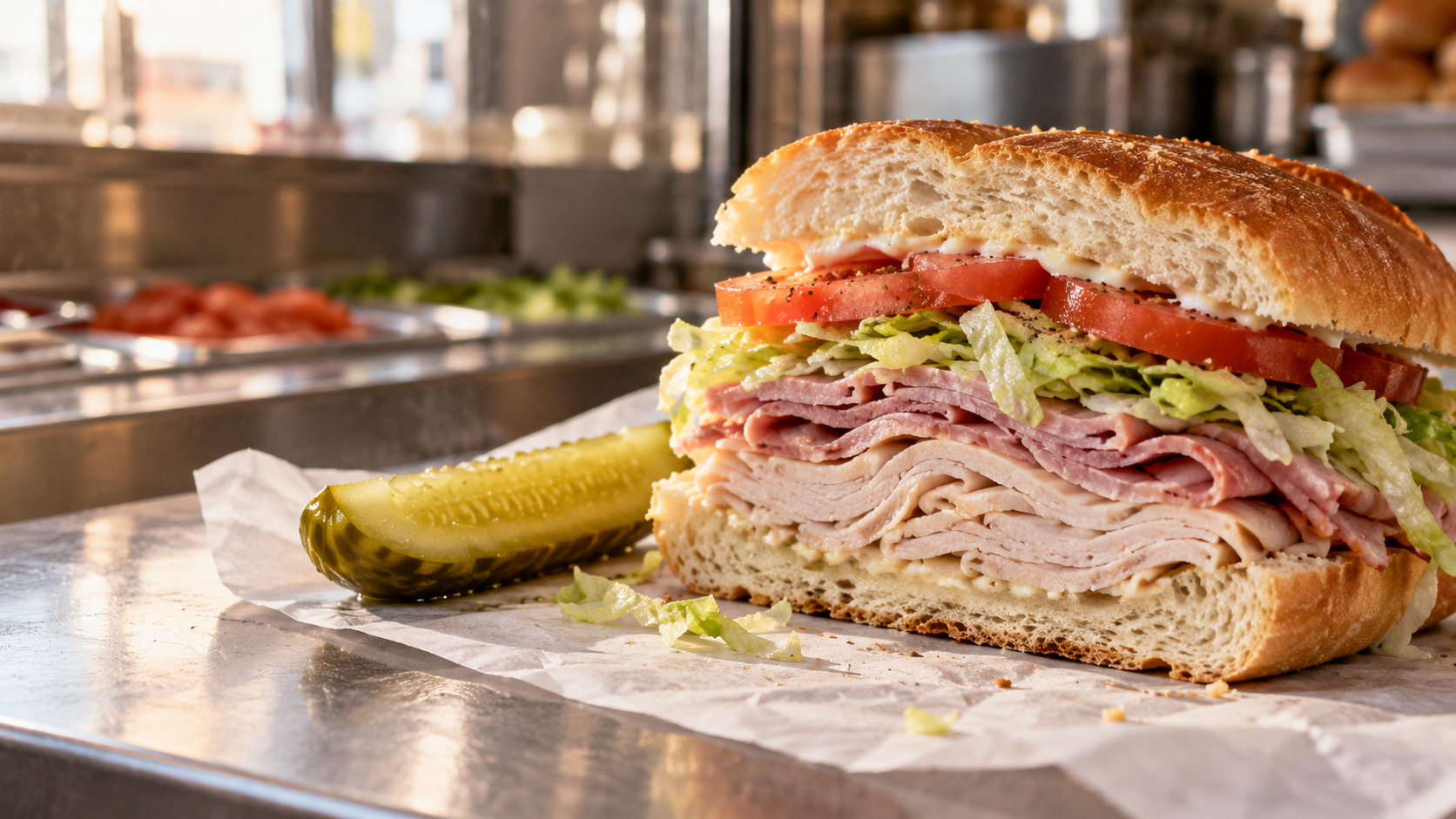 Illustrative photo of a cross-cut deli hero sandwich on wax paper with a pickle spear