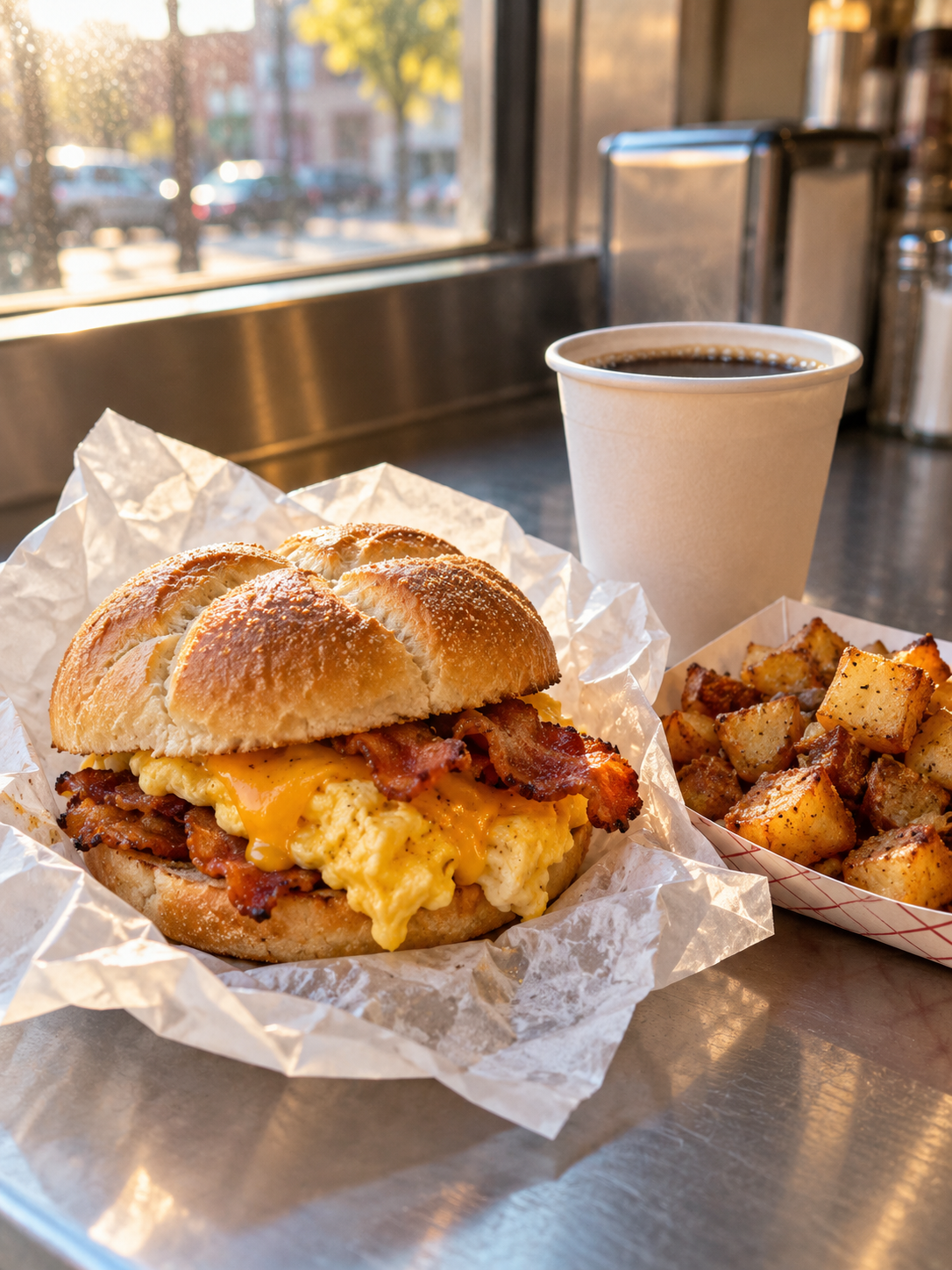 Illustrative photo of a breakfast sandwich with coffee and home fries on a counter